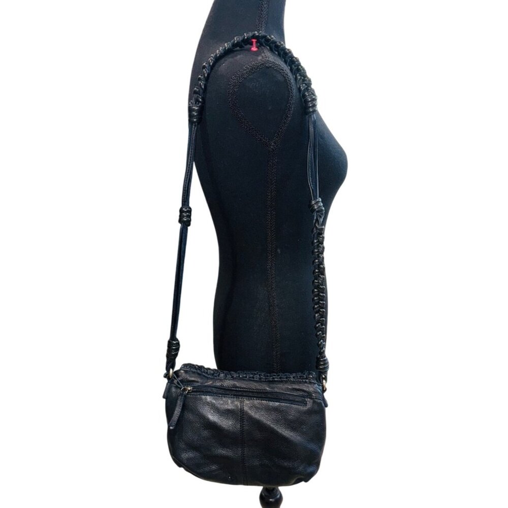 VTG Handwoven Black Leather Crossbody Handbag Adjustable Strap Textured Boho - Picture 3 of 16